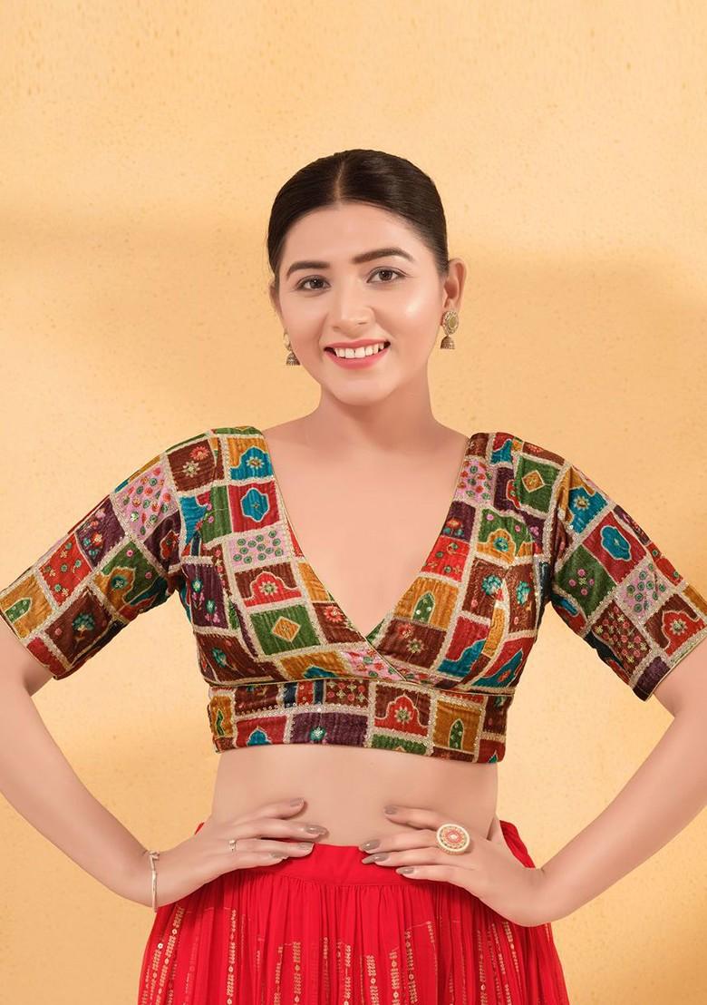 Velvet V Neck Padded Saree Blouse