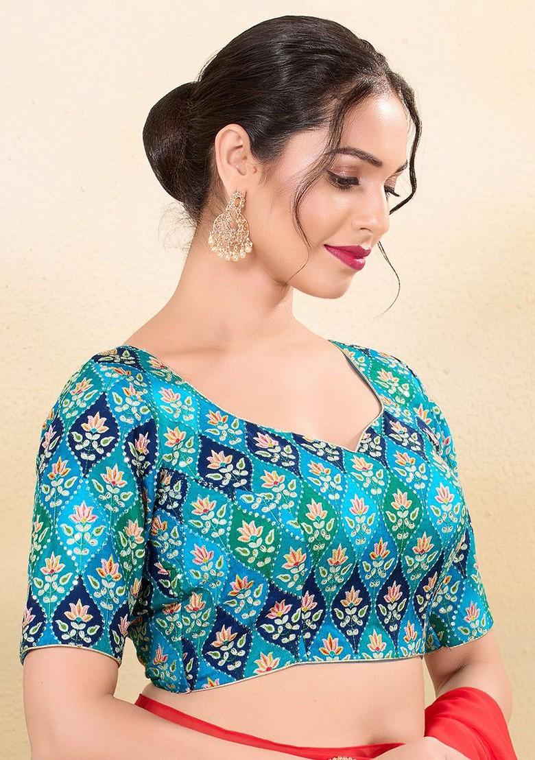 Embroidered Silk Sweet Heart Neck Padded Saree Blouse