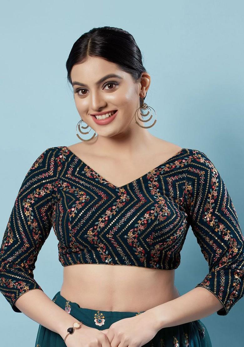 Embellished Sequinned Silk V Neck Padded Saree Blouse