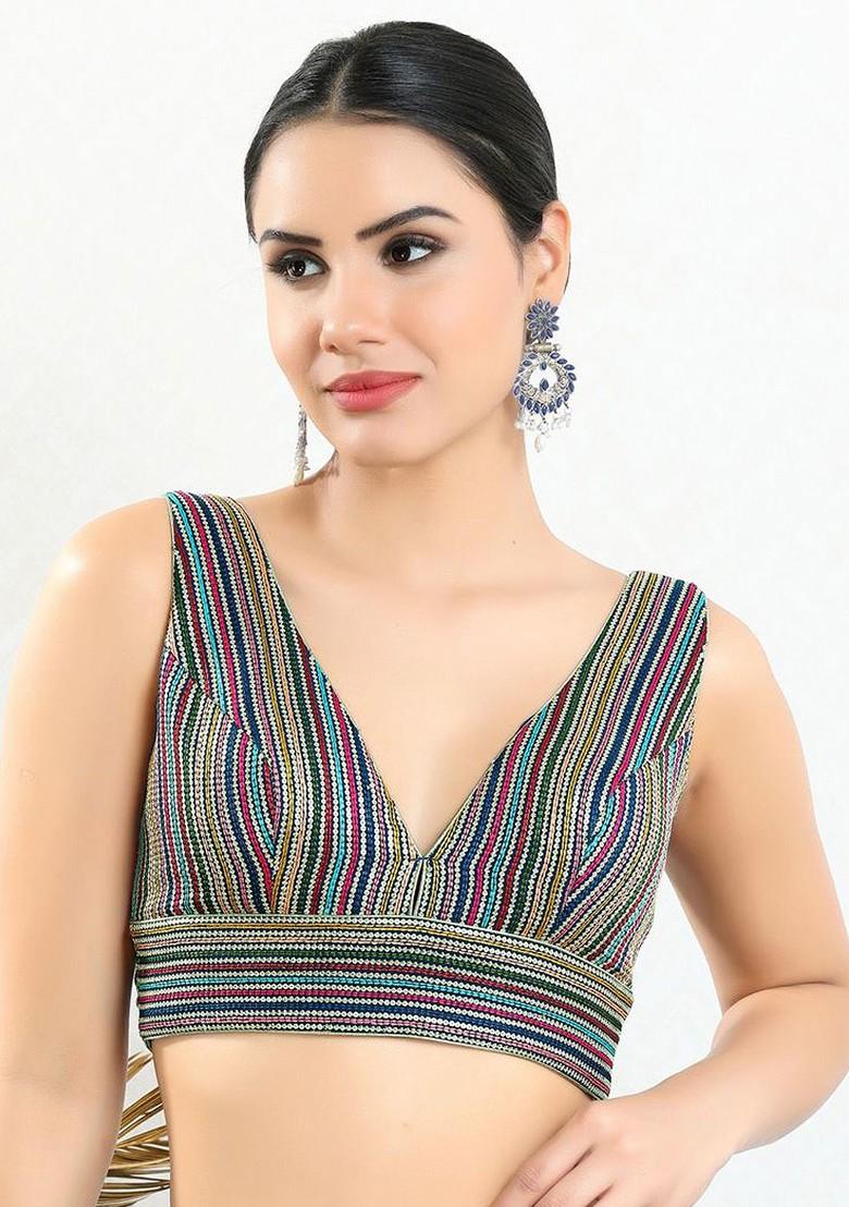 Embroidered V Neck Padded Saree Blouse