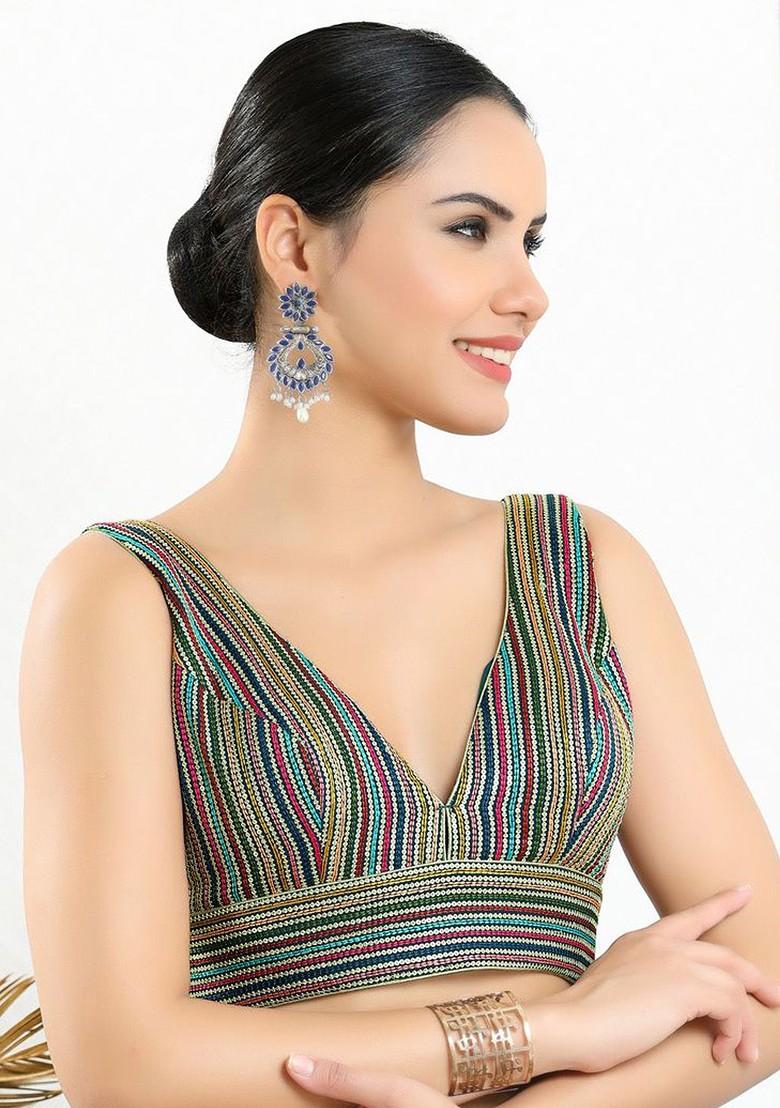 Embroidered V Neck Padded Saree Blouse