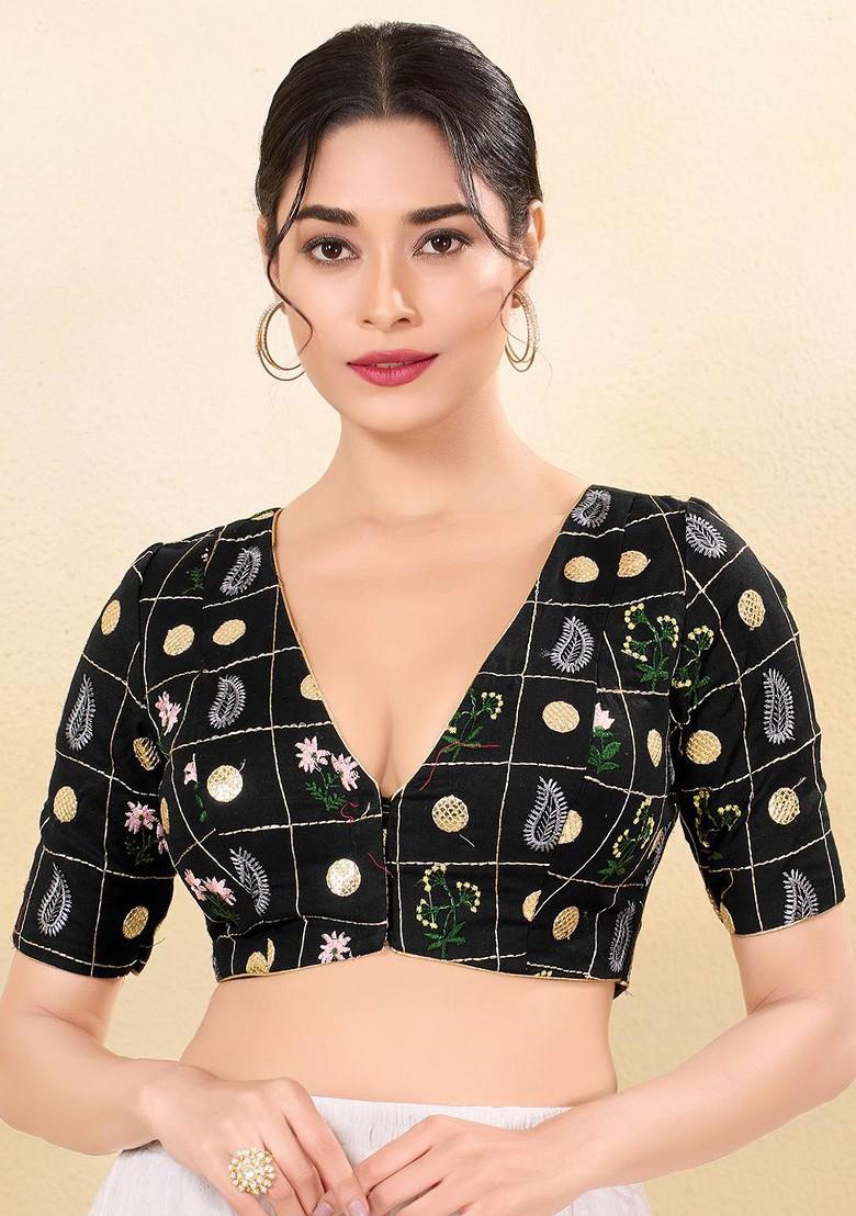 Embroidered Silk V Neck Padded Saree Blouse