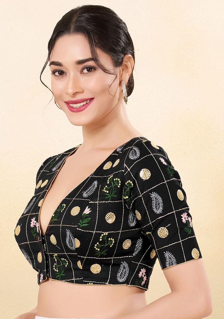 Embroidered Silk V Neck Padded Saree Blouse