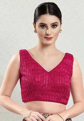 Embroidered Silk V Neck Padded Saree Blouse