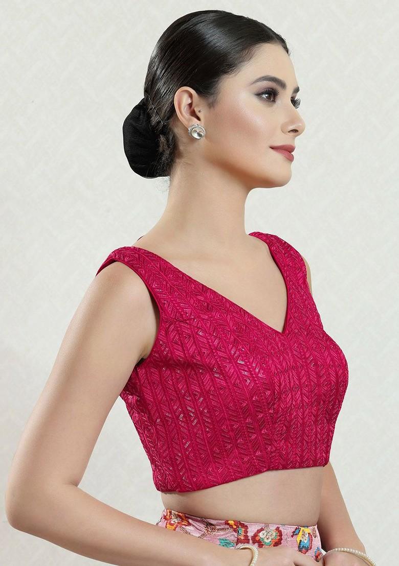 Embroidered Silk V Neck Padded Saree Blouse