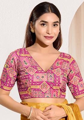 Woven Design V Neck Padded Saree Blouse