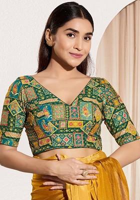 Woven Design V Neck Padded Saree Blouse