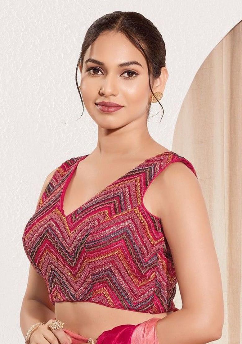 Embroidered V Neck Padded Saree Blouse