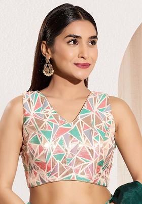 Geometric Woven Design Brocade V Neck Padded Saree Blouse