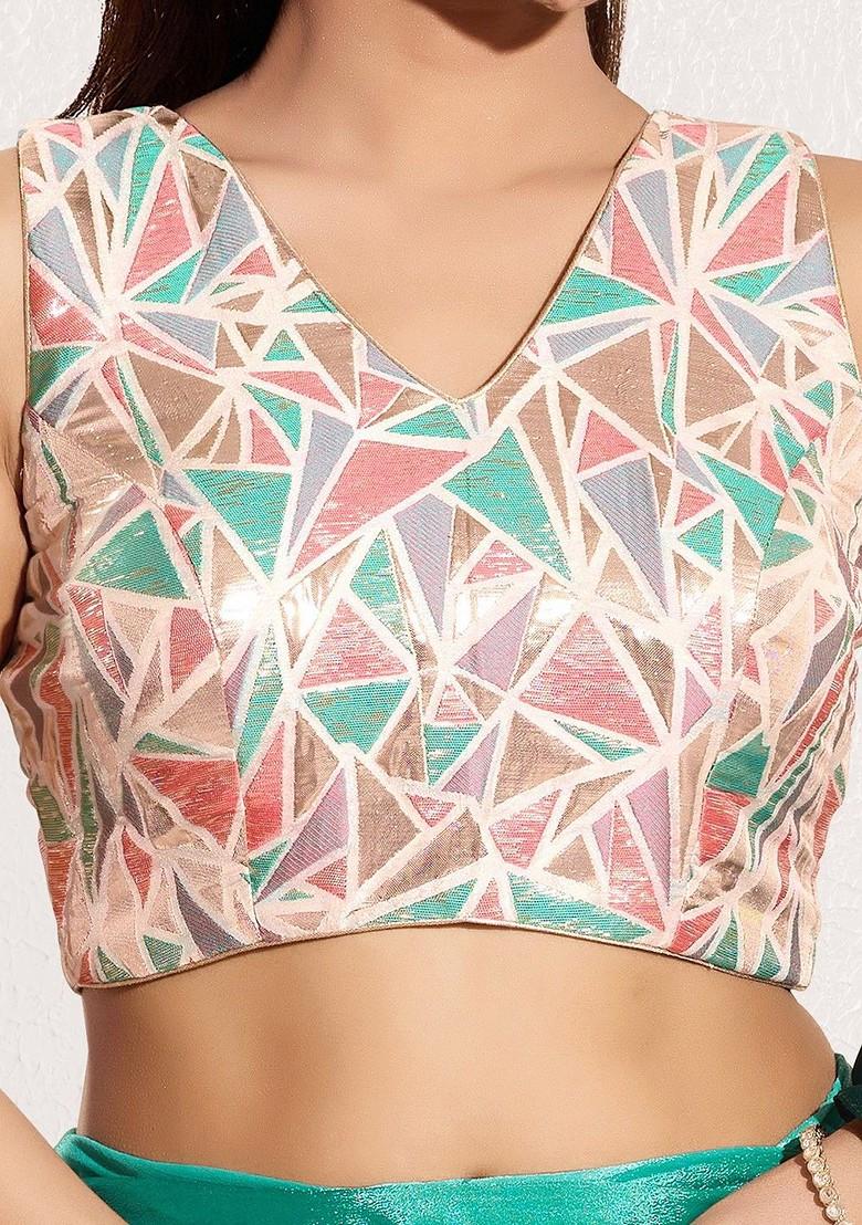 Geometric Woven Design Brocade V Neck Padded Saree Blouse