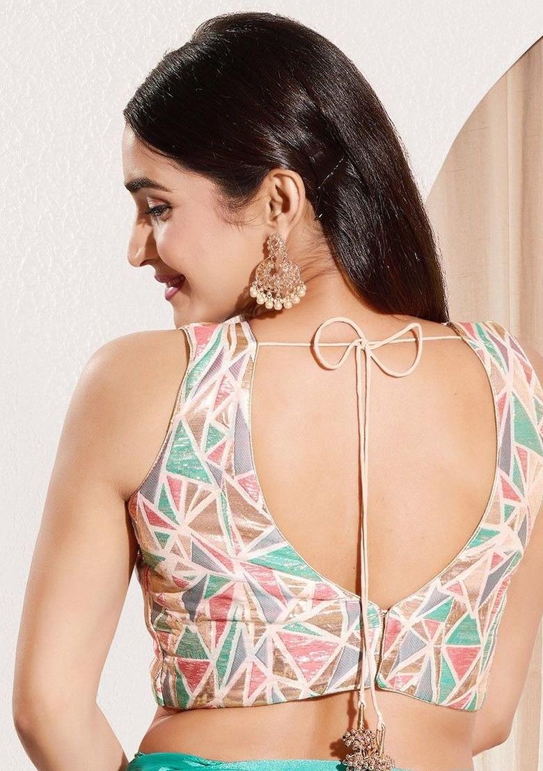 Geometric Woven Design Brocade V Neck Padded Saree Blouse