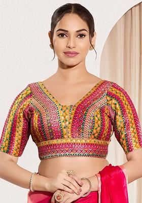 Woven Design V Neck Padded Saree Blouse
