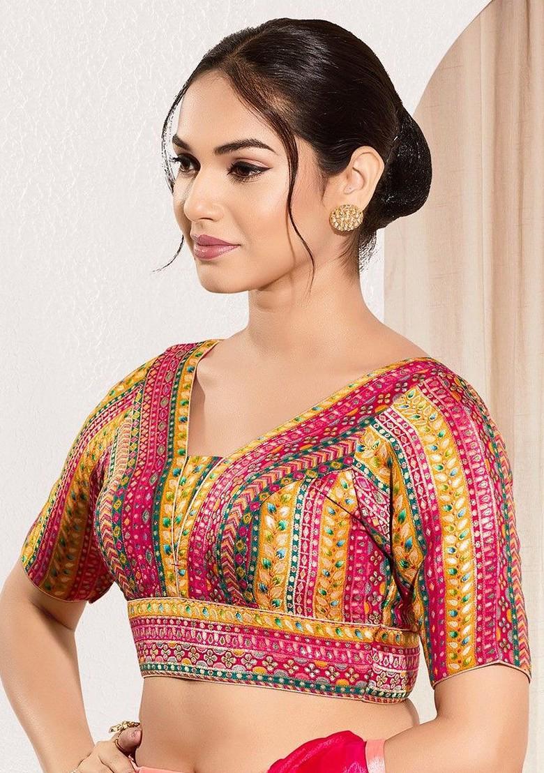 Woven Design V Neck Padded Saree Blouse