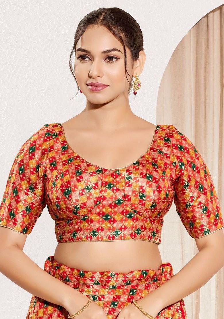 Woven Design Brocade Round Neck Padded Saree Blouse