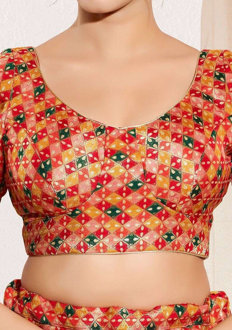Woven Design Brocade Round Neck Padded Saree Blouse - Indya