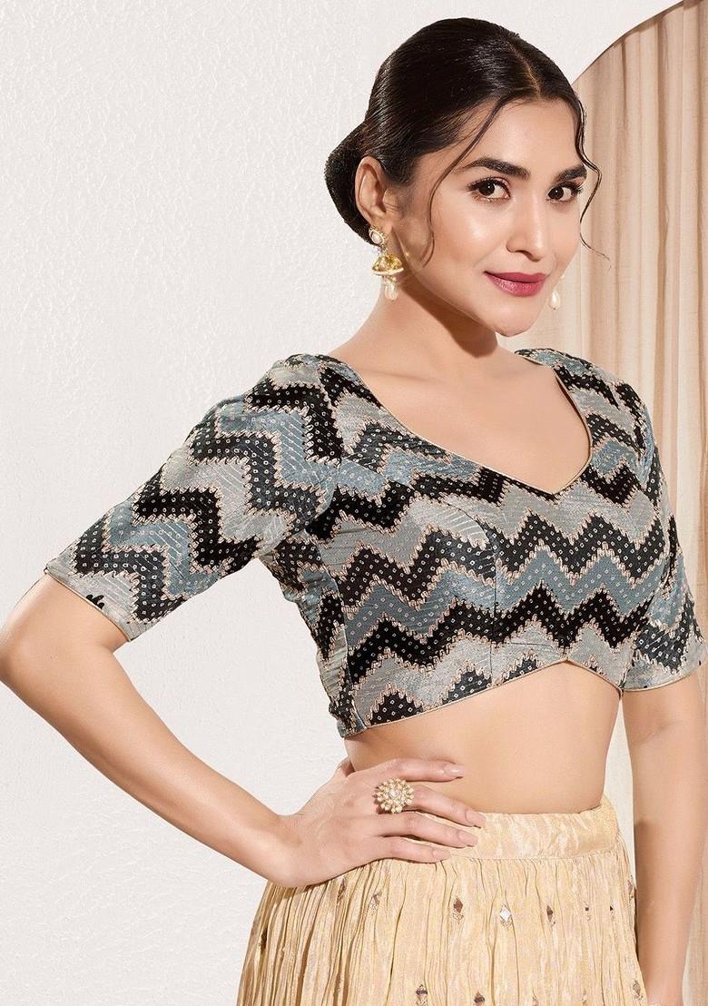 Printed V Neck Padded Saree Blouse