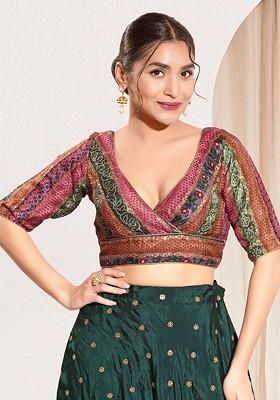 Woven Design Brocade V Neck Padded Saree Blouse
