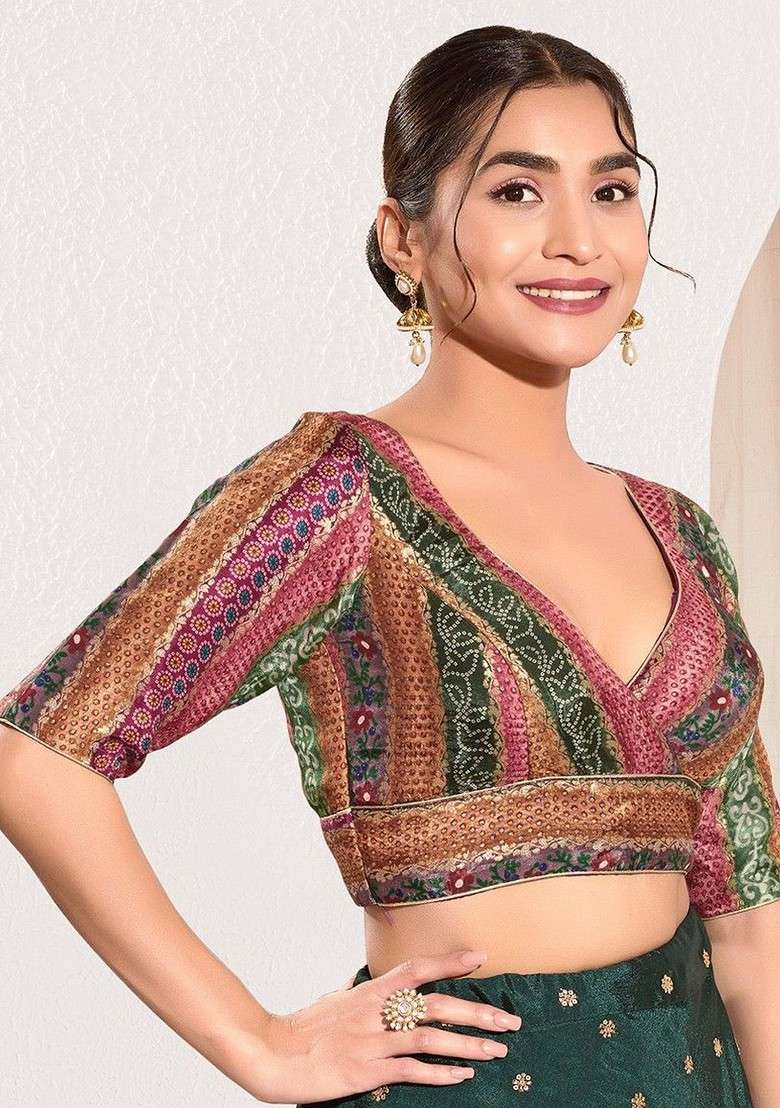 Woven Design Brocade V Neck Padded Saree Blouse - Indya