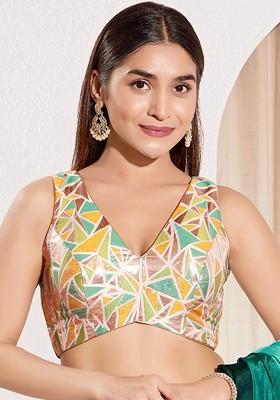 Printed Silk V Neck Padded Saree Blouse