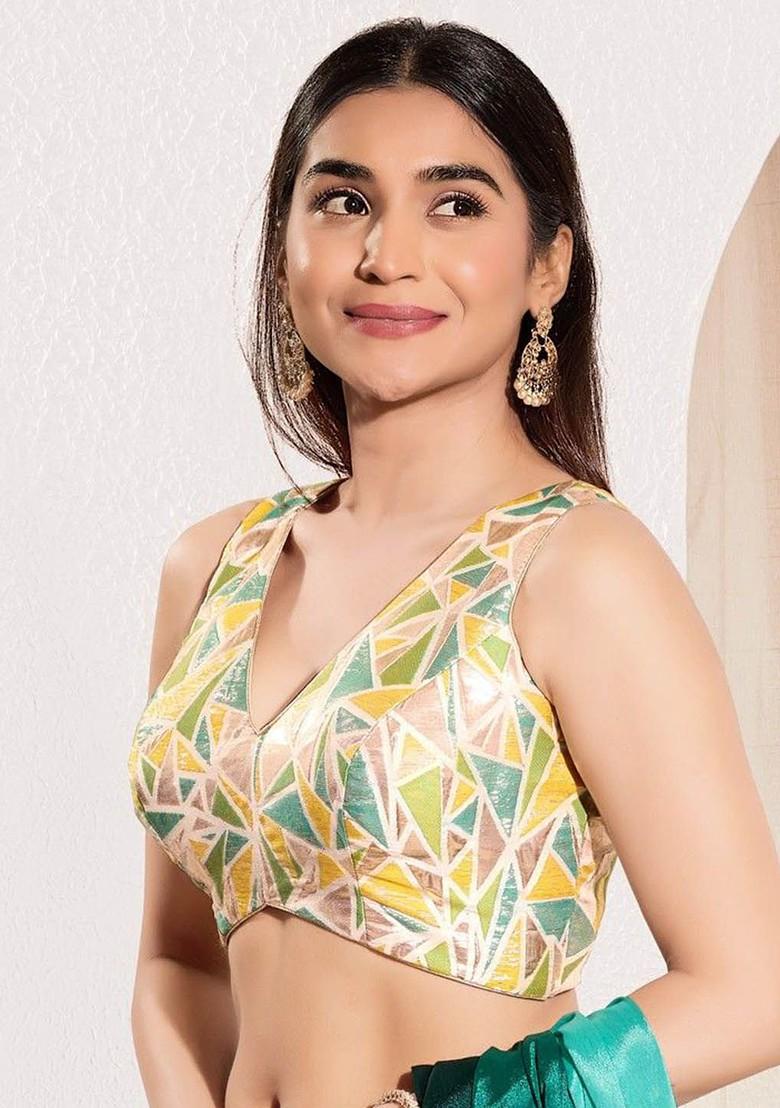 Printed Silk V Neck Padded Saree Blouse