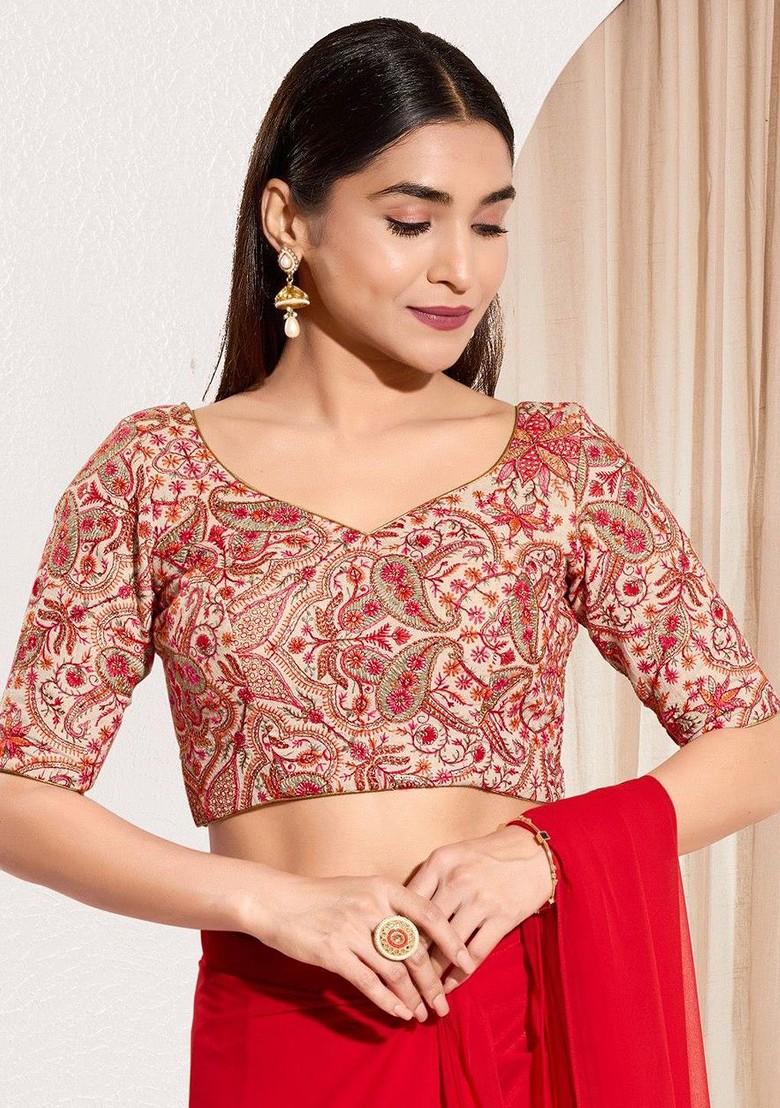 Embroidered Cotton Sweetheart Neck Padded Saree Blouse