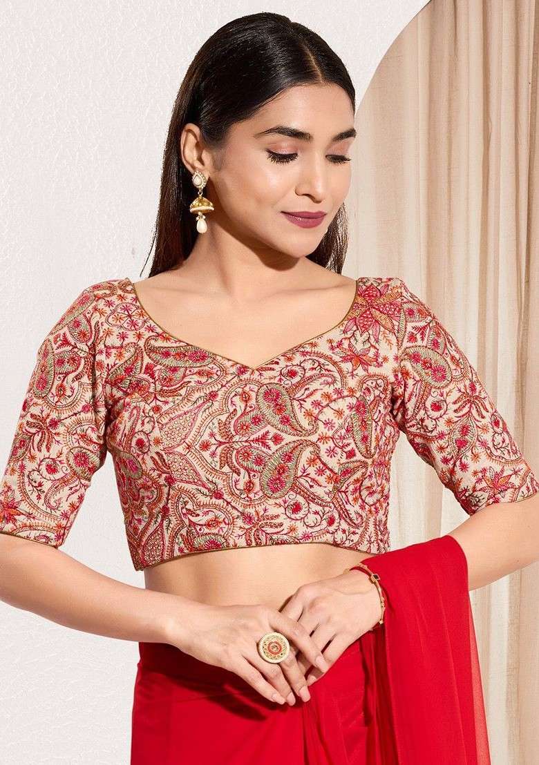 Embroidered Cotton Sweetheart Neck Padded Saree Blouse - Indya