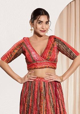 Woven Design Brocade V Neck Padded Saree Blouse