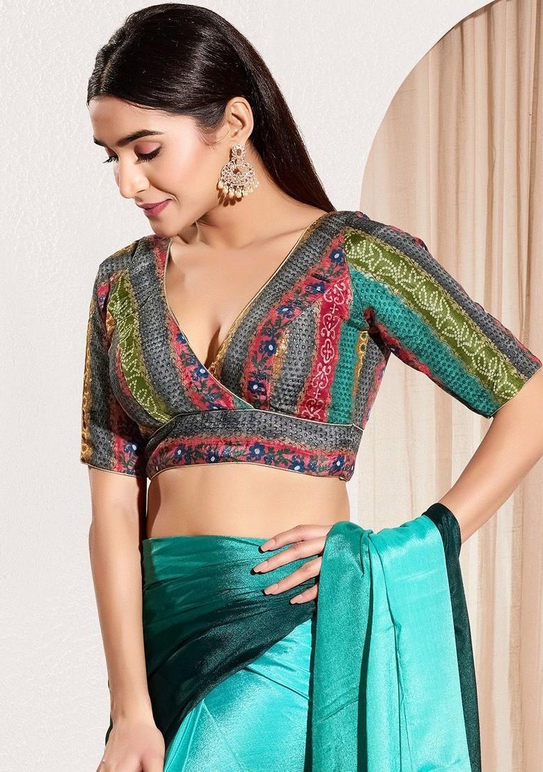 Printed Brocade V Neck Padded Saree Blouse
