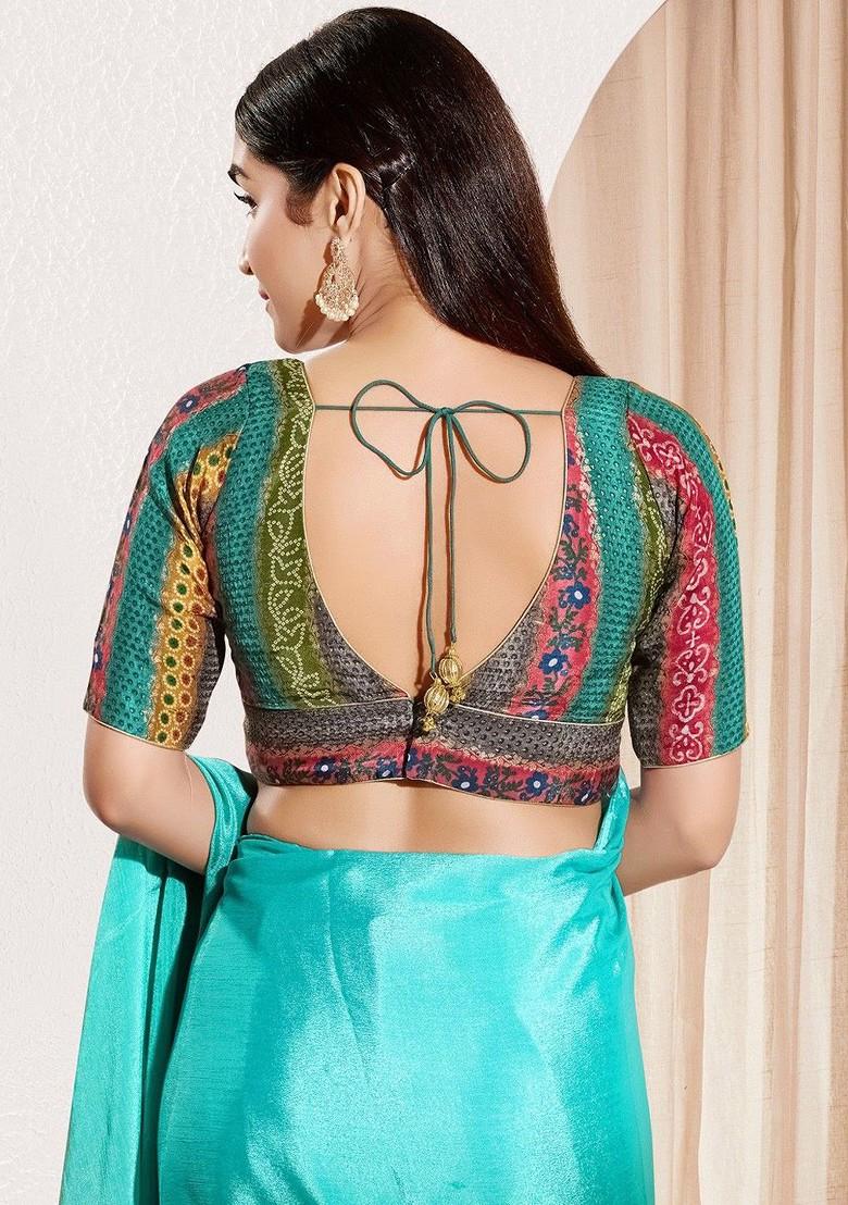 Printed Brocade V Neck Padded Saree Blouse