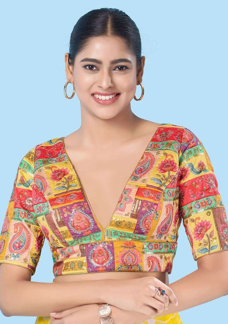Embroidered V Neck Padded Saree Blouse - Indya