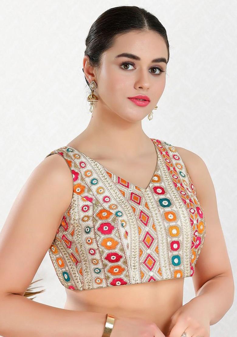 Embroidered Silk V Neck Padded Saree Blouse