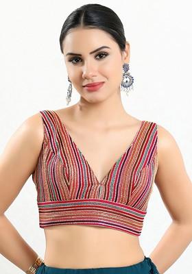 Embroidered V Neck Padded Saree Blouse