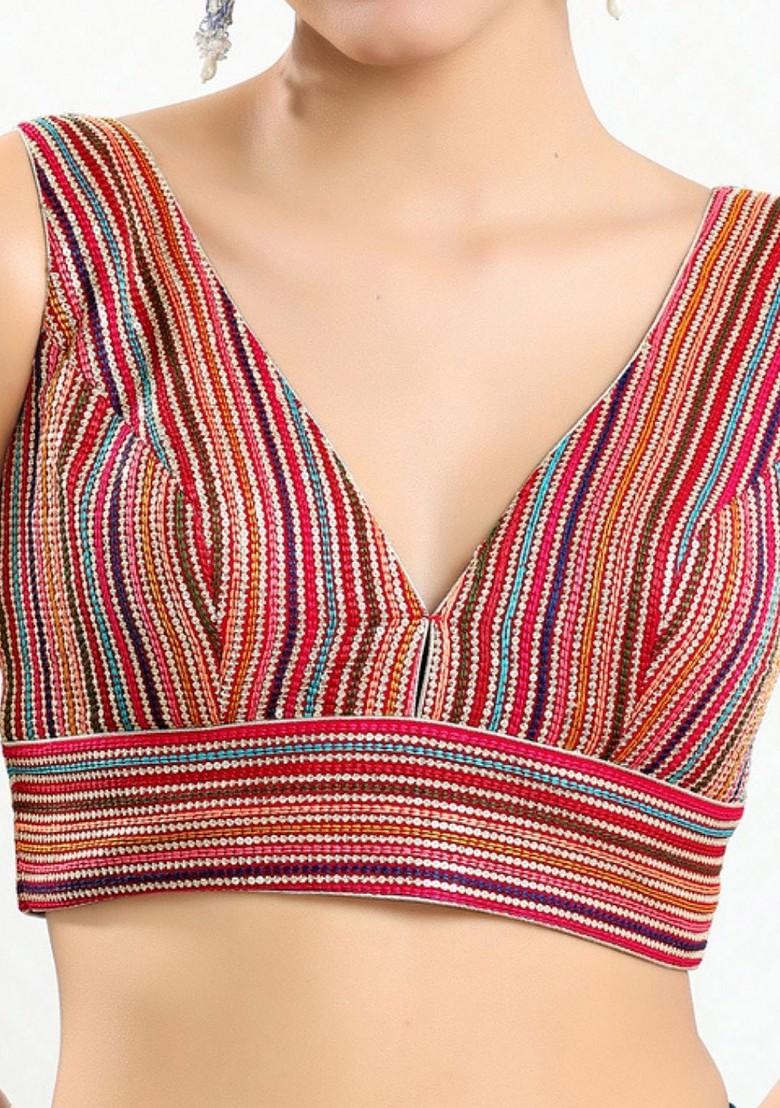 Embroidered V Neck Padded Saree Blouse