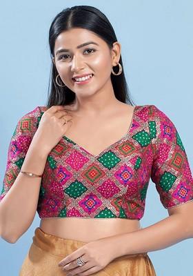 Woven Design Brocade Sweetheart Neck Padded Saree Blouse