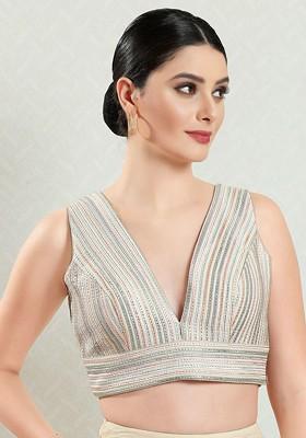 Embroidered Silk V Neck Padded Saree Blouse