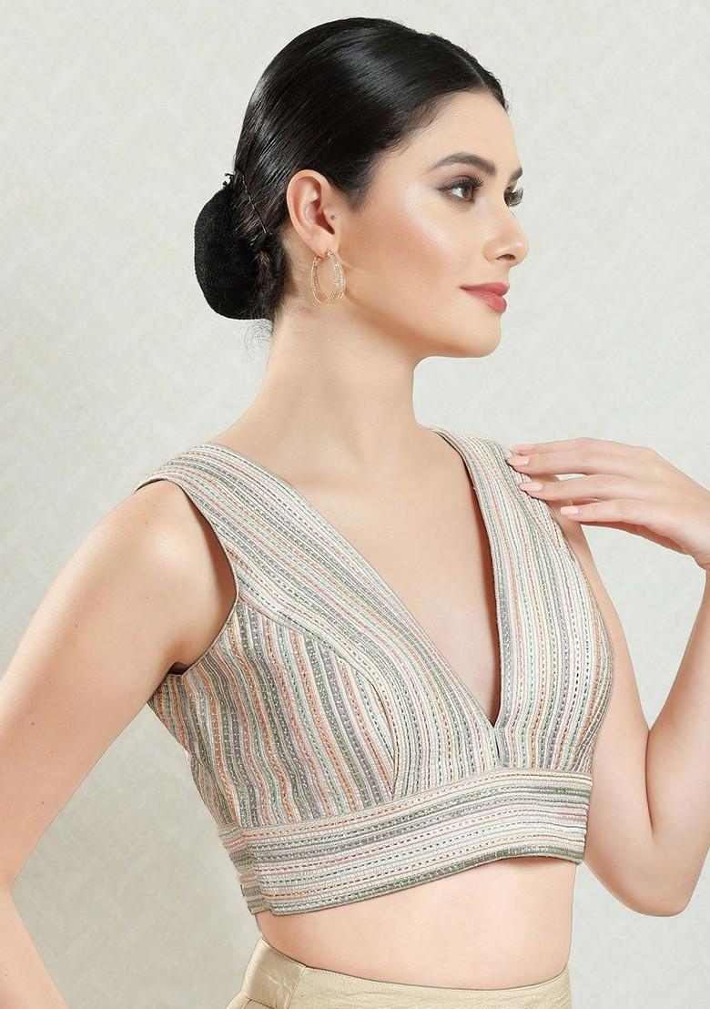 Embroidered Silk V Neck Padded Saree Blouse