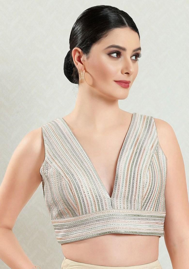 Embroidered Silk V Neck Padded Saree Blouse