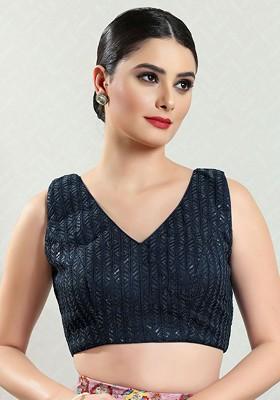 Embroidered Silk V Neck Padded Saree Blouse