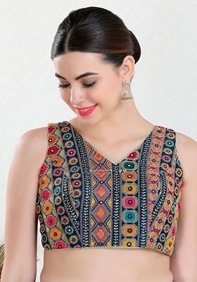 Embroidered Silk V Neck Padded Saree Blouse