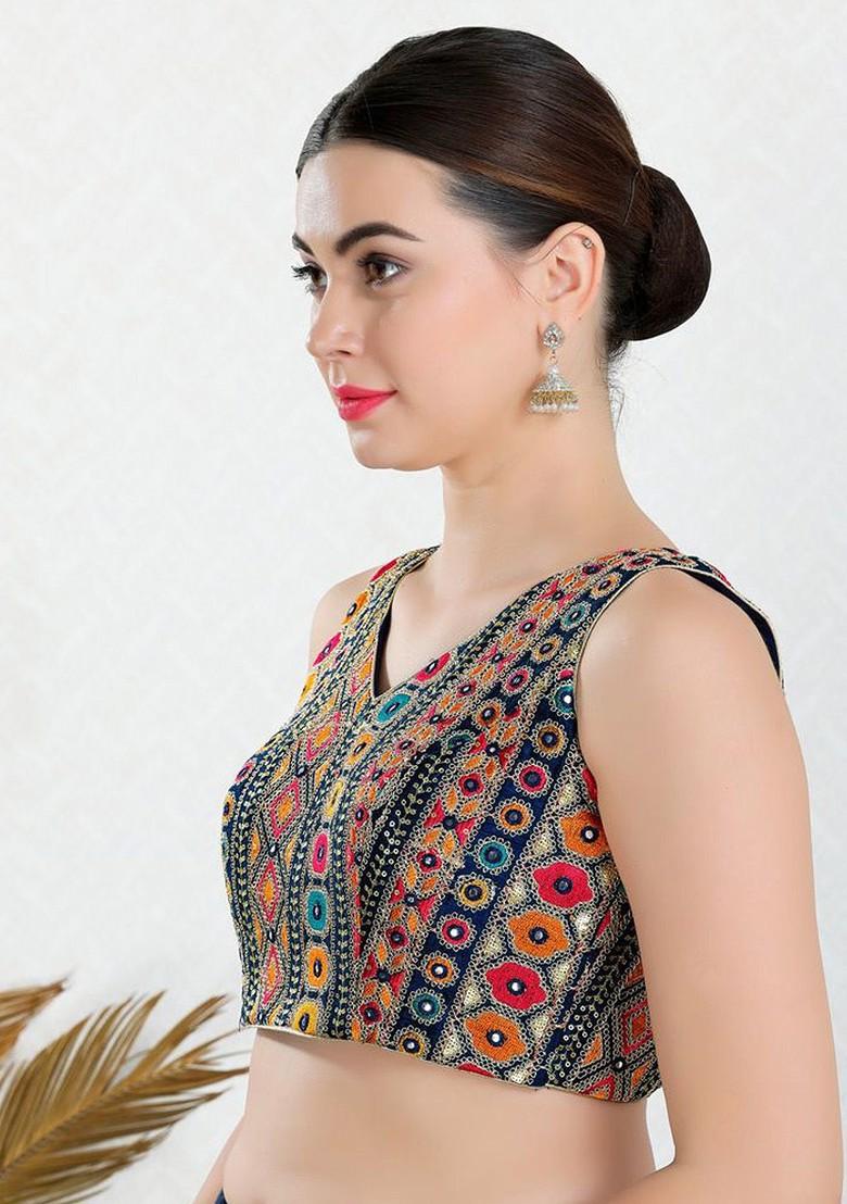 Embroidered Silk V Neck Padded Saree Blouse