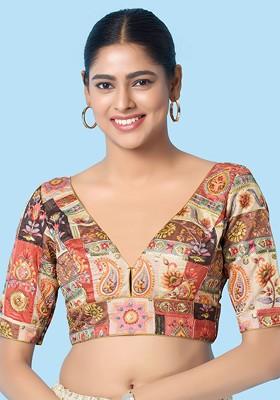 Embroidered Silk V Neck Padded Saree Blouse