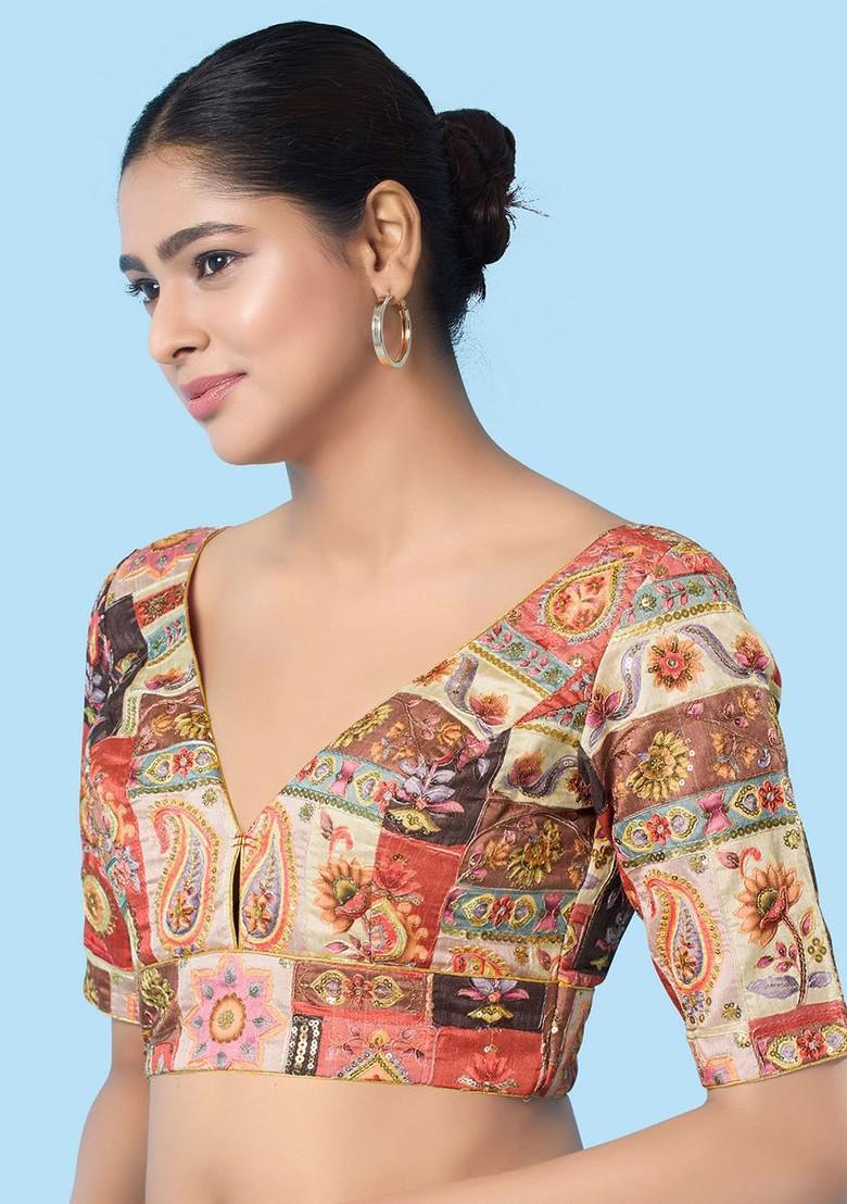 Embroidered Silk V Neck Padded Saree Blouse