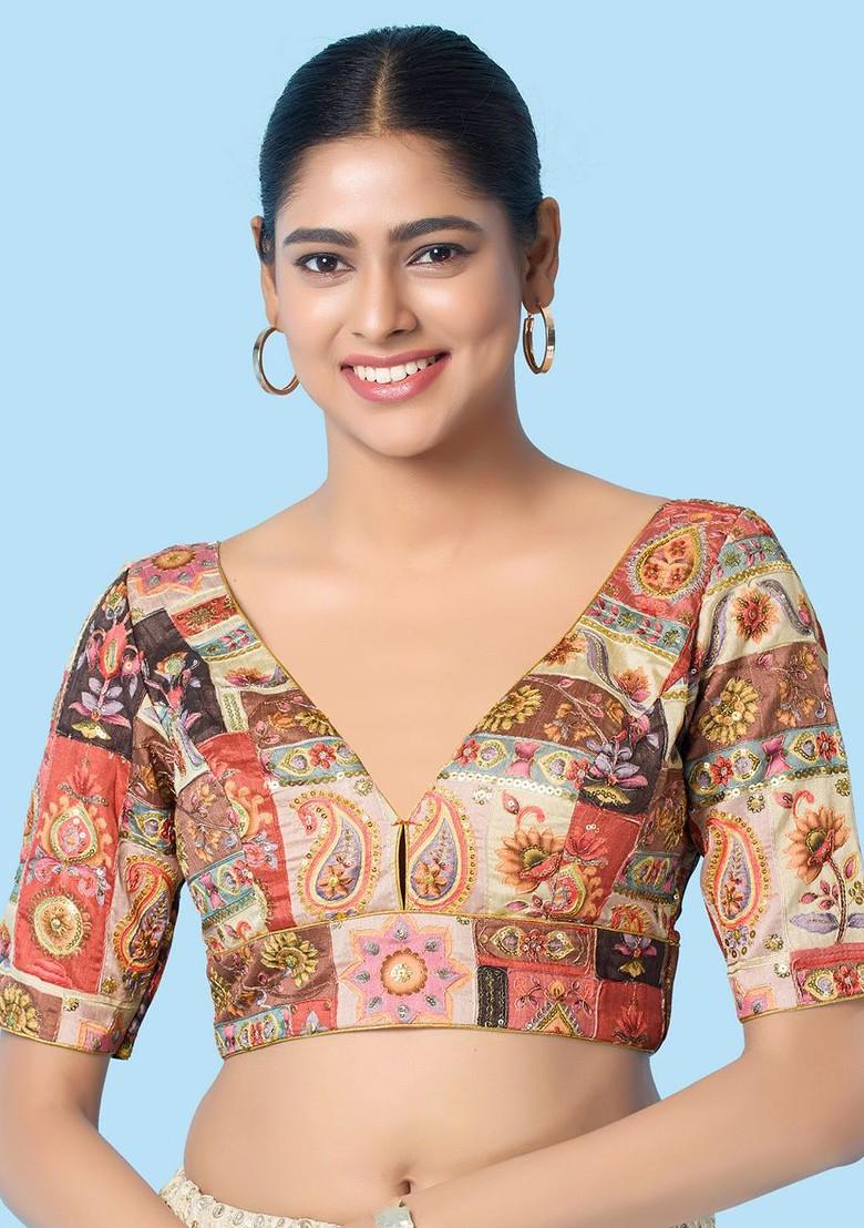 Embroidered Silk V Neck Padded Saree Blouse