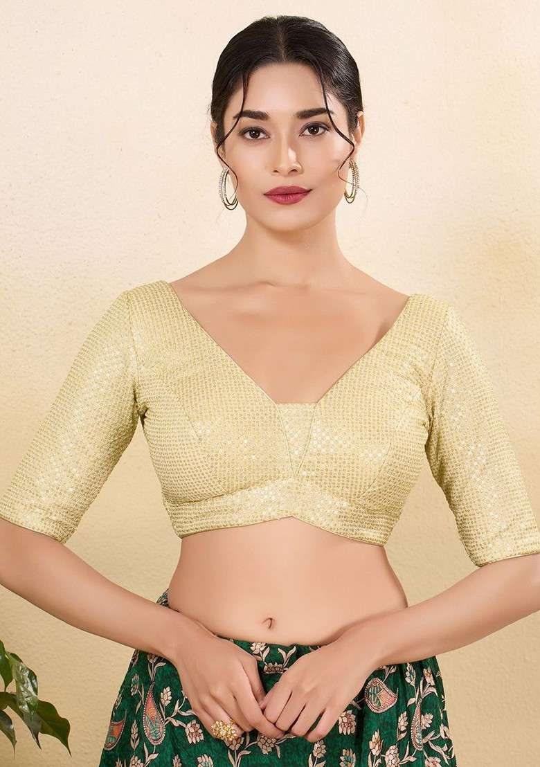 Embellished V Neck Sequinned Padded Saree Blouse - Indya