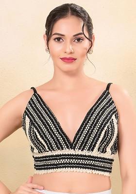 Woven Design Cotton V Neck Padded Saree Blouse