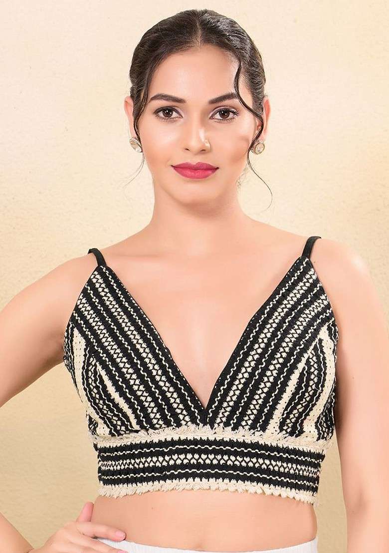 Woven Design Cotton V Neck Padded Saree Blouse - Indya