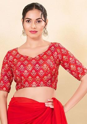 Printed Sequinned Silk Sweetheart Neck Padded Saree Blouse