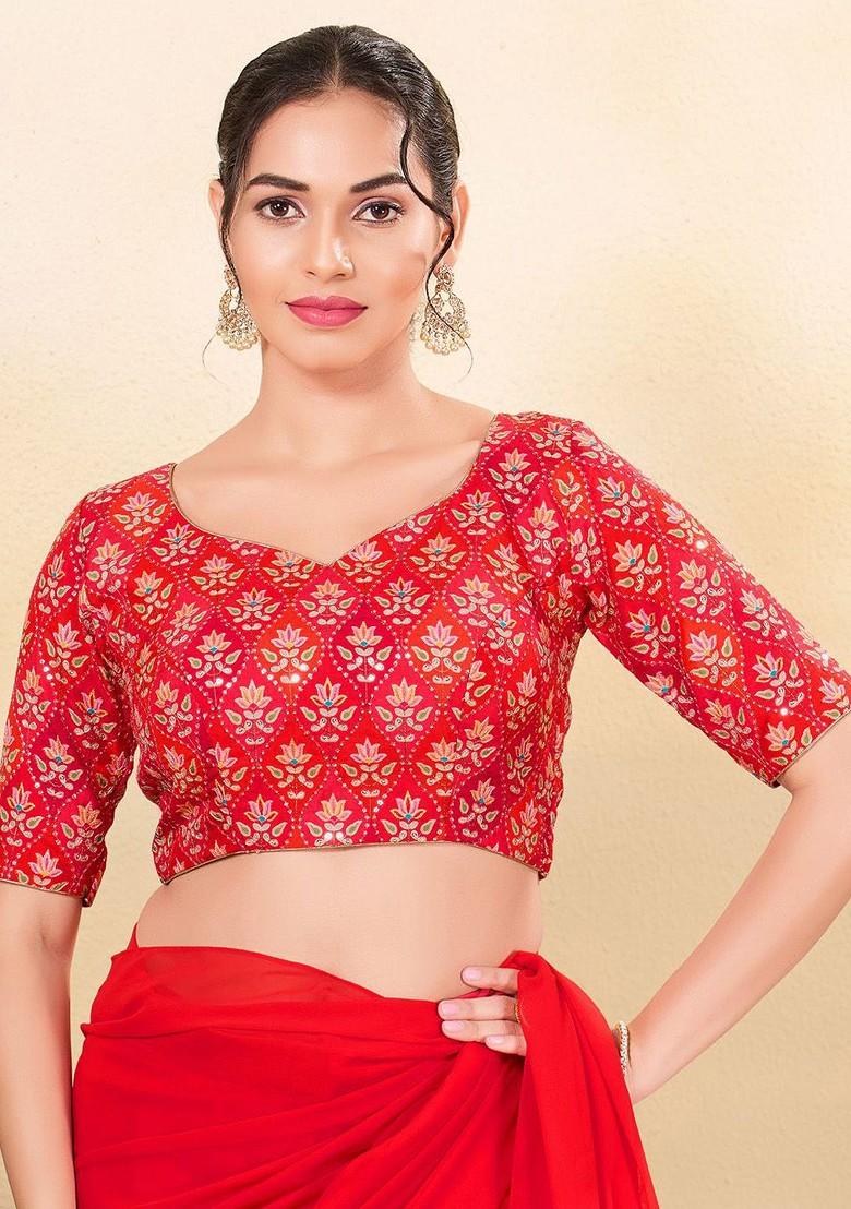 Printed Sequinned Silk Sweetheart Neck Padded Saree Blouse