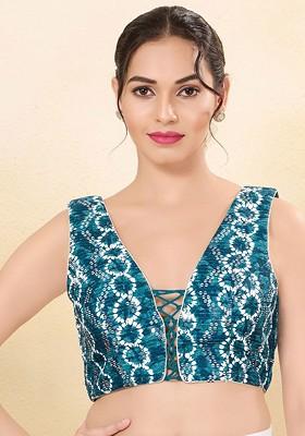 Embroidered V Neck Padded Saree Blouse