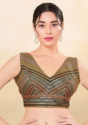 Embroidered Silk V Neck Padded Saree Blouse